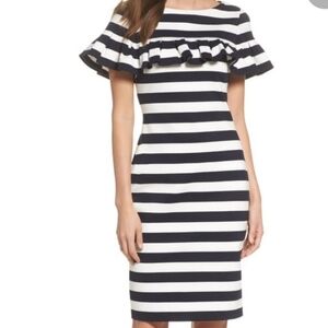 Eliza J Blue and White Mini Dress with Bateau Neckline and Ruffled Cap Sleeves 6